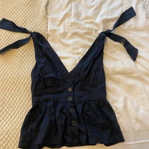 Navy chambray button front v neck top